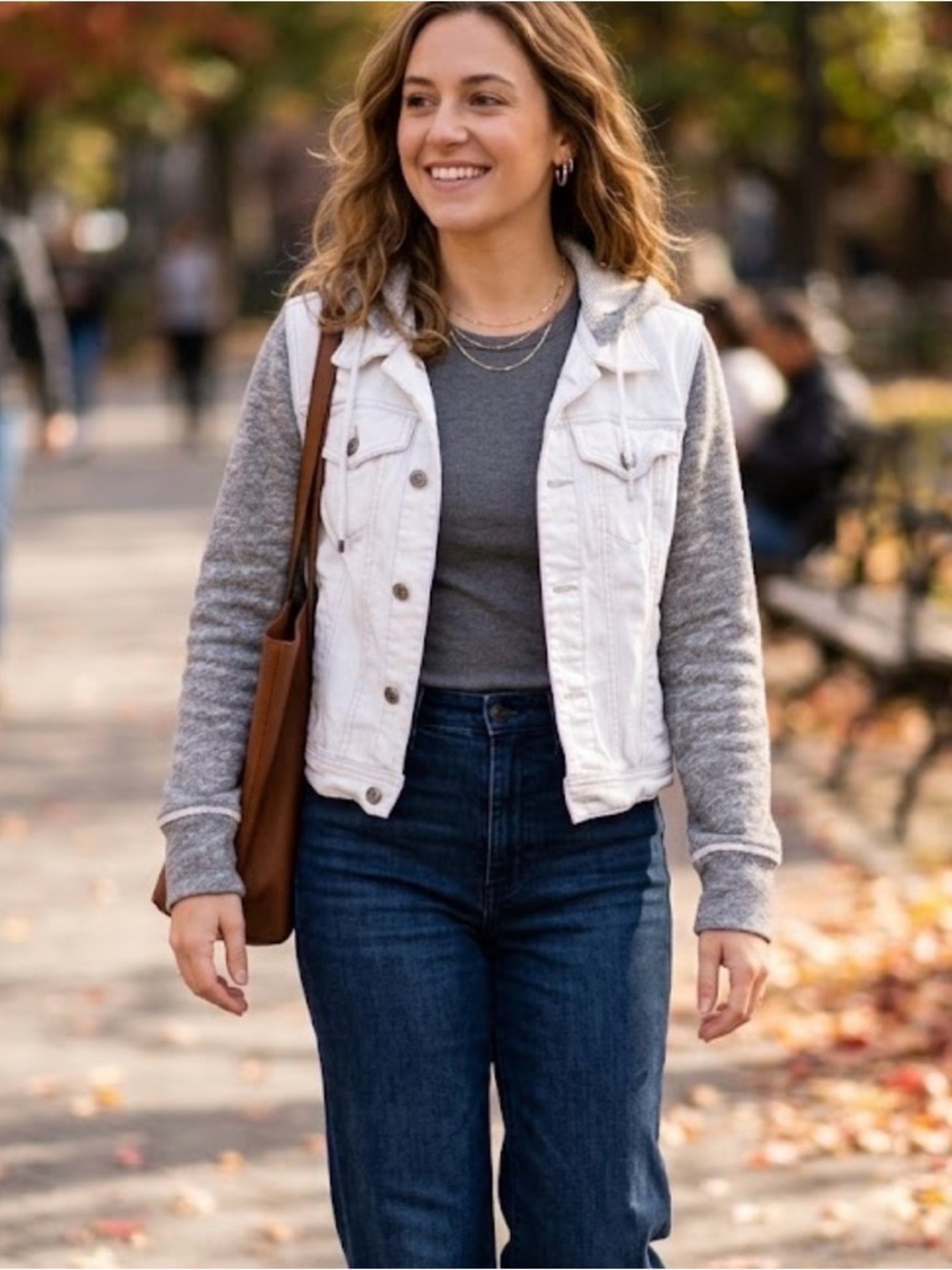 Free People White Denim Vest with Gray Knit Sleeves